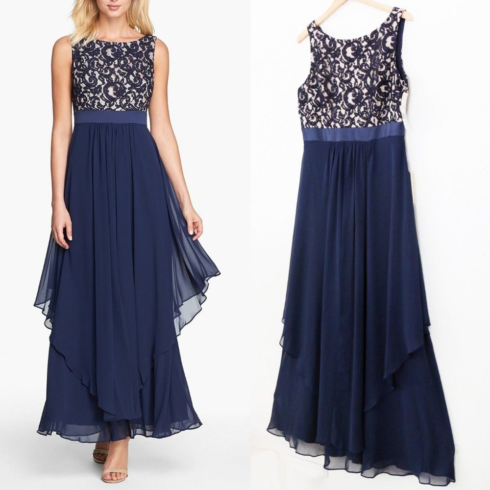 NEW Eliza J. Navy Blue Lace and Chiffon Gown Modest Prom Maxi Dress Size 14 $219 - Picture 16 of 16